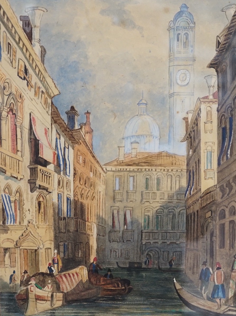 Manner of Samuel Prout, two watercolours, Venetian canal scene and boatmen beside a bridge, largest 29 x 21cm